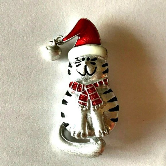 Vtg Santa Christmas Cat Brooch Pin Red Hat Scarf Bell Kitty Silver Plated Enamel - Picture 2 of 9